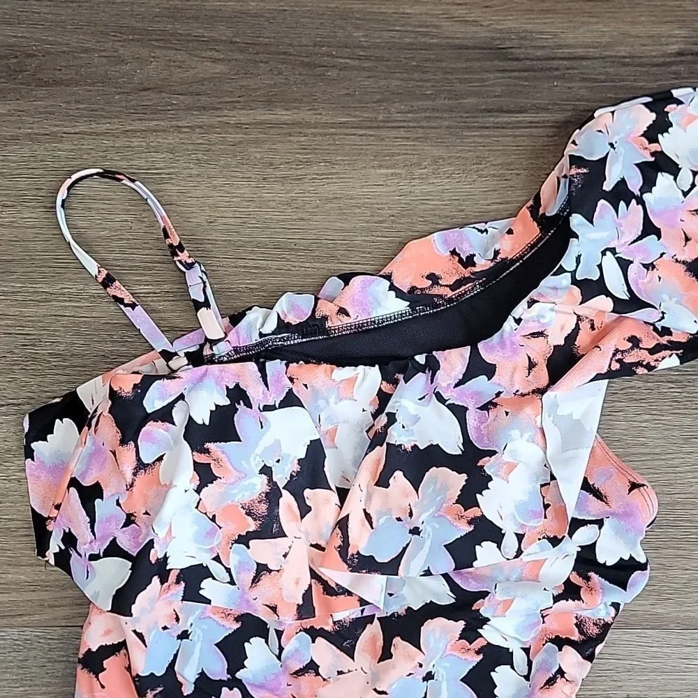 Time and Tru One-Piece Watercolor Splash Floral Swimsuit Womens Size L